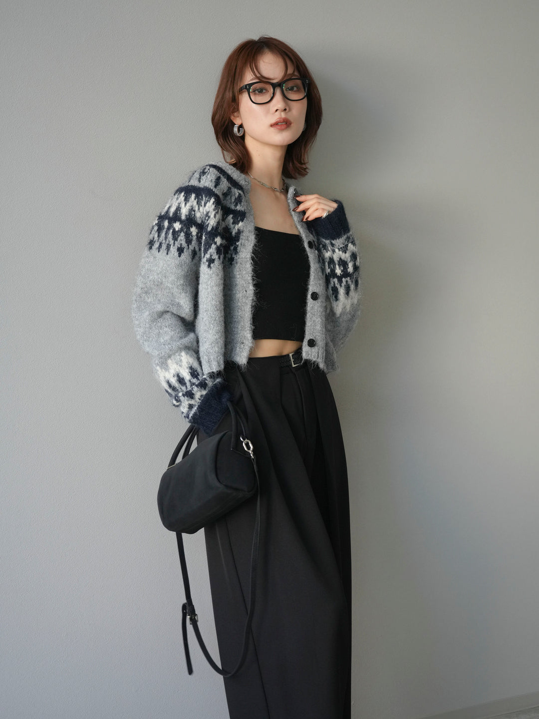 【着回しセット】[SET]求心柄クロップドニットカーディガン+ミックスヤーンペイズリー柄ニットカーディガン+ベルトループデザインワイドパンツ(3set)