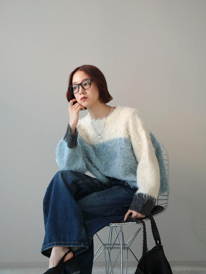 [SET]バイカラーモヘアタッチニットプルオーバー+裏起毛加工デニムカーブパンツ(2set)