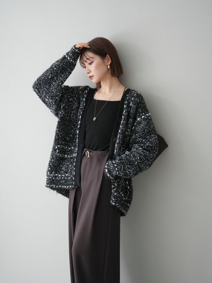 [SET]ブークレハンドステッチニットカーディガン+ベルトループデザインワイドパンツ(2set)