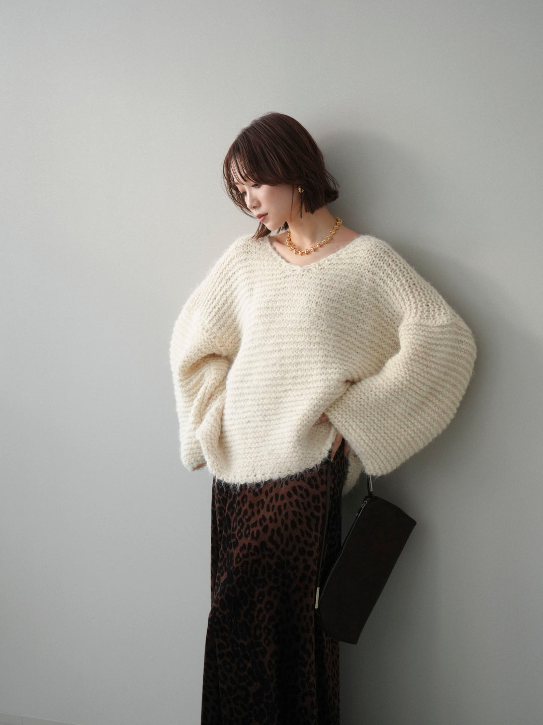 [予約]ワッフル編みシャギーニットプルオーバー/apricot