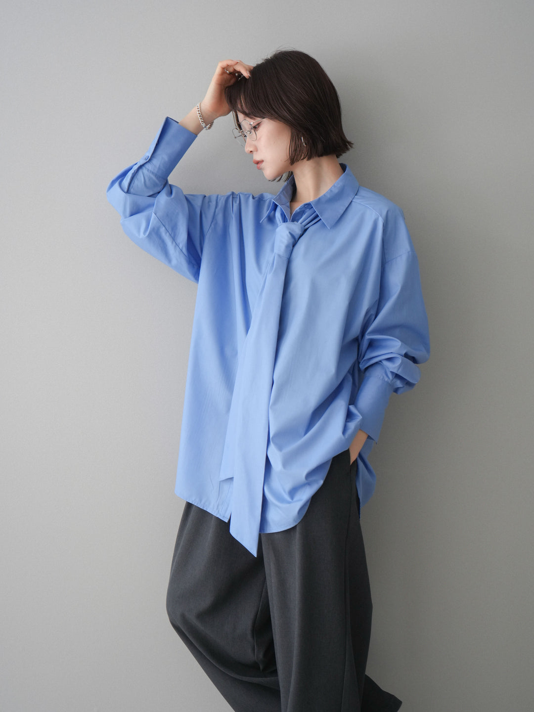 [予約]ボウタイ付オーバーシャツ/blue