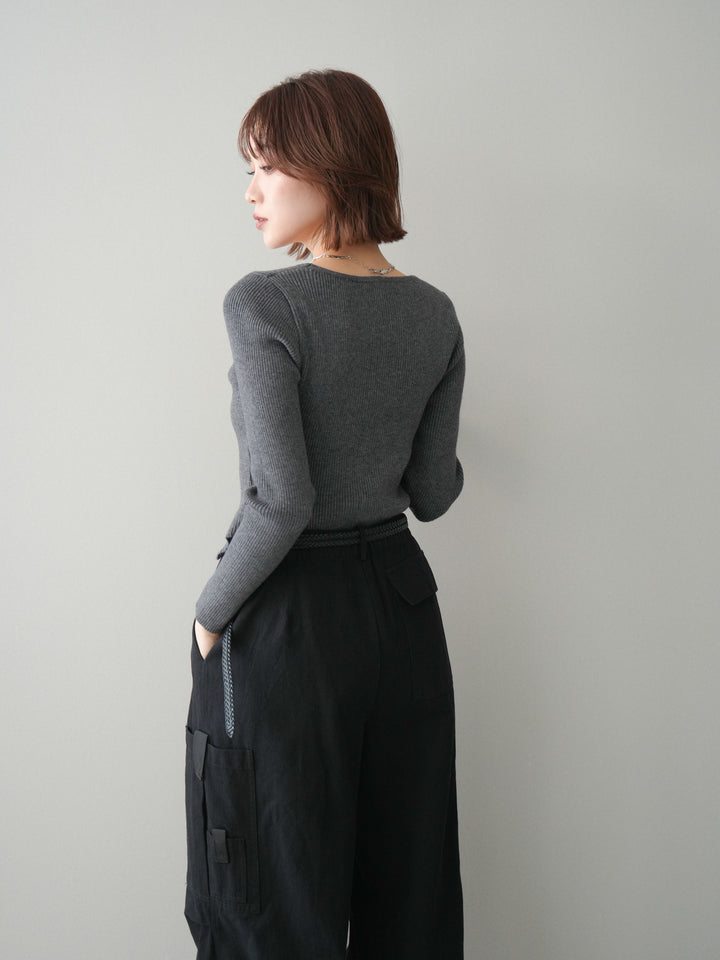 [予約]Vネック配色レイヤードスリットニットトップス/charcoal