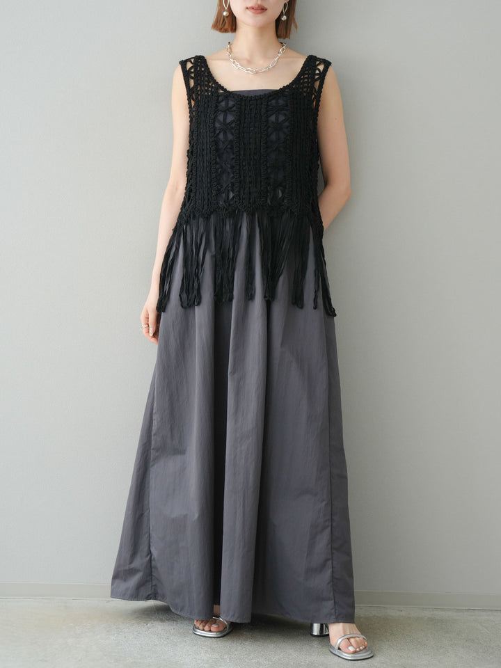 [予約]クロシェフリンジノースリーブトップス/ブラック