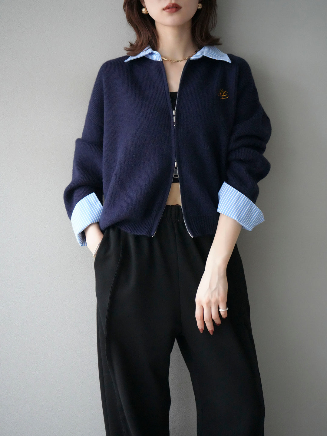 [予約]ストライプシャツレイヤードZIPニットカーディガン/navy