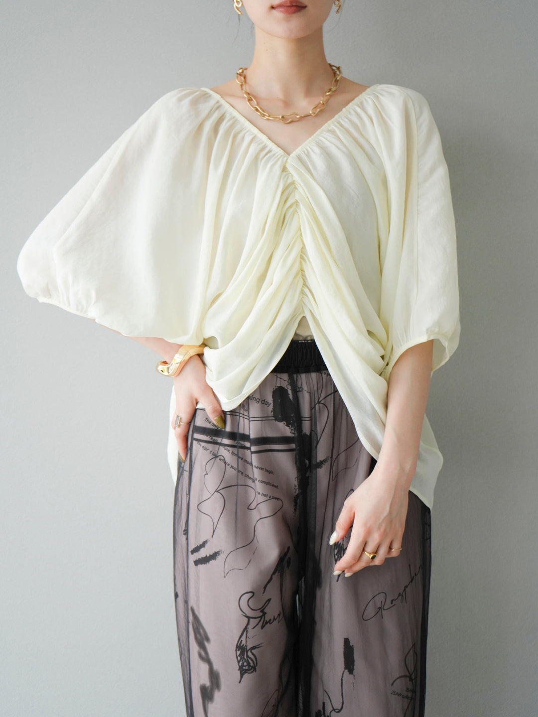 [SET]ボリュームスリーブシアータックブラウス+コード刺繍チュールレイヤードパンツ(2set)