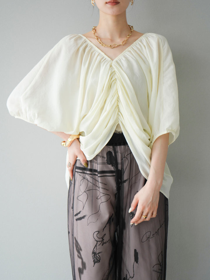 [SET]ボリュームスリーブシアータックブラウス+コード刺繍チュールレイヤードパンツ(2set)