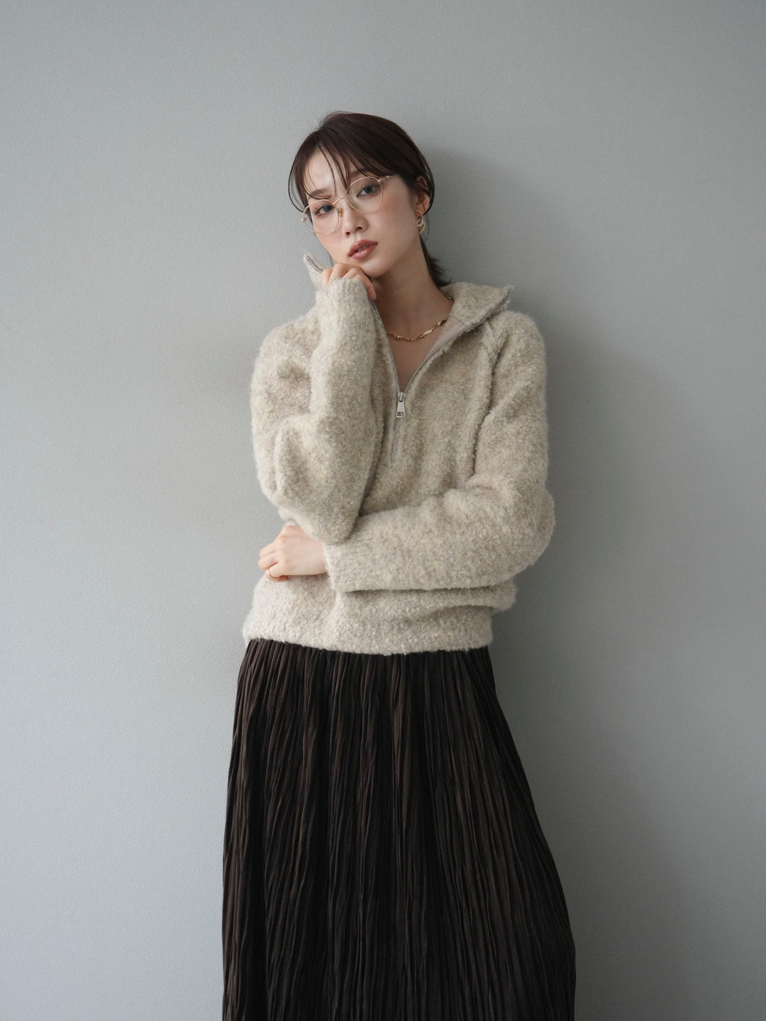 [予約]スタンドジップMIXブークレニットプルオーバー/beige