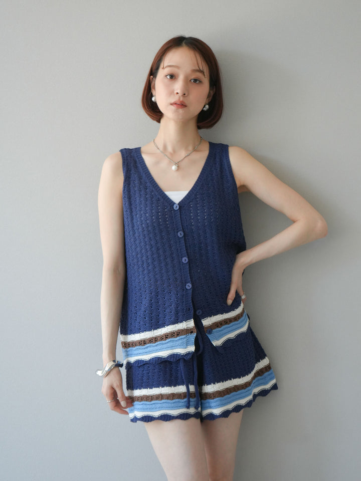 [SET]裾マルチボーダーニットベスト＆ショートパンツ SET UP(2set)