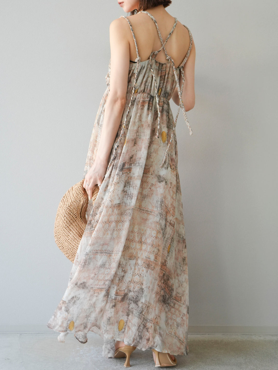 [予約]編み込みショルダーニュアンス柄シフォンワンピース/ベージュ