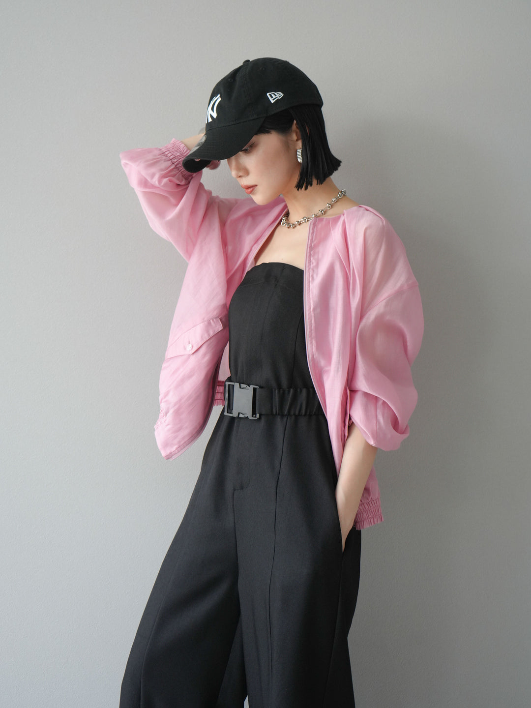 [SET]タックデザインシアーブルゾン+ヘザーツイルベルト付ベアサロペット(2set)