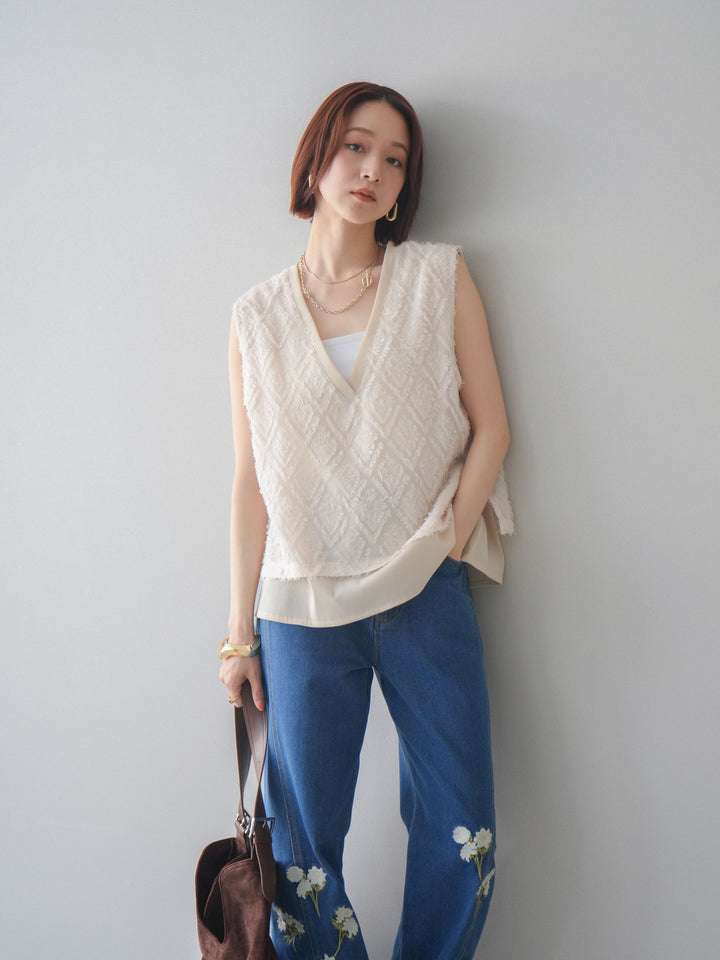 [SET]フリンジレイヤードVネックノースリーブ+フラワー刺繍ストレートデニム(2set)