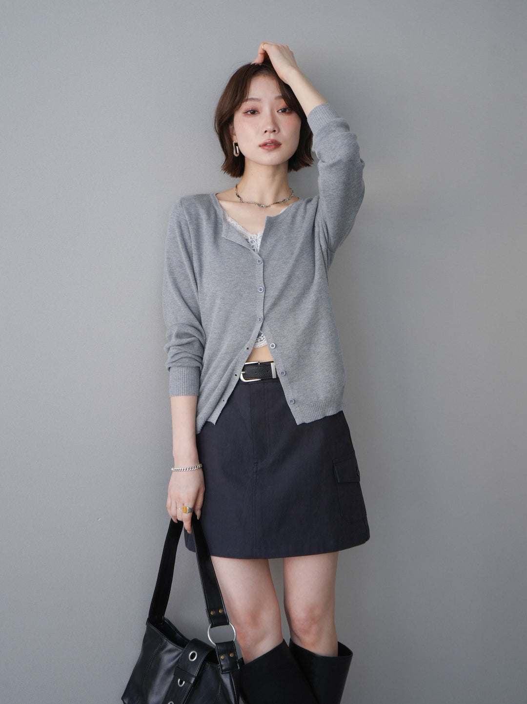 [予約]レースレイヤードニットカーディガン/gray