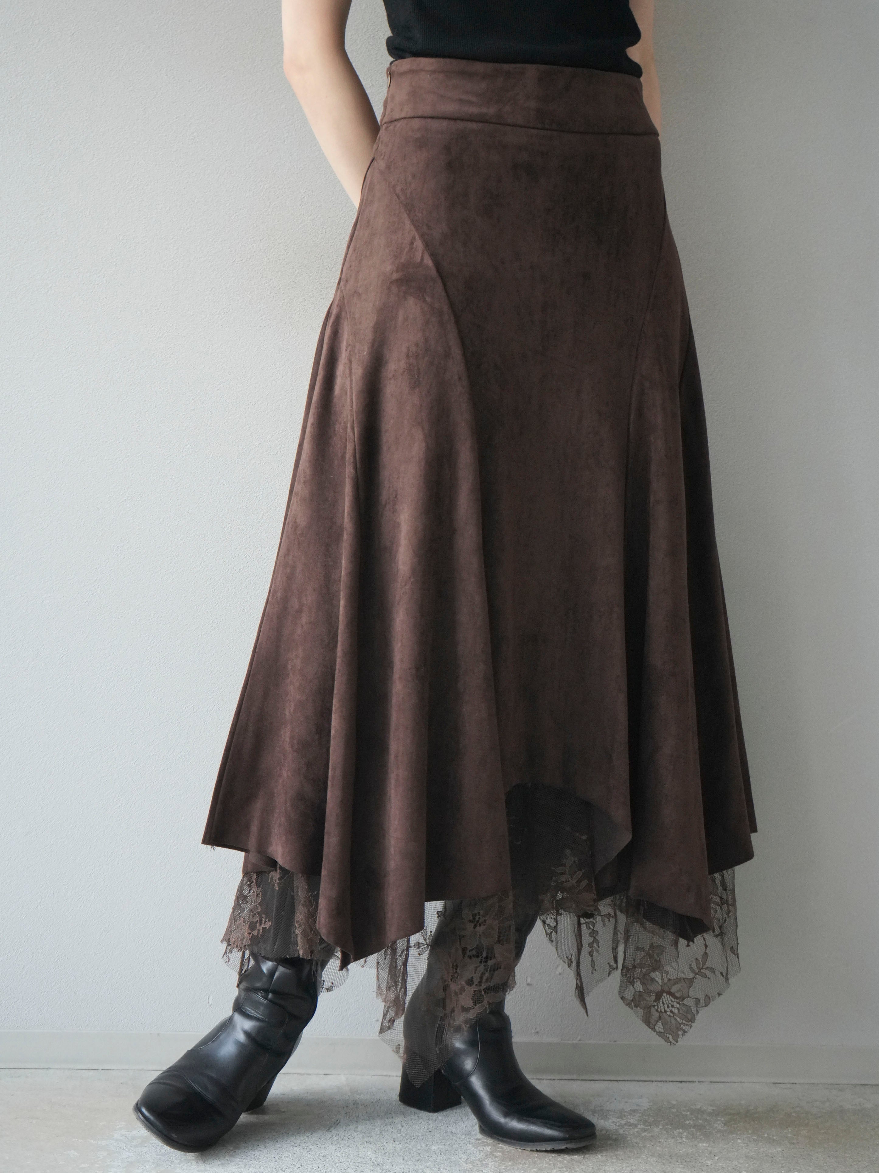 予約]スエード裾レースアシンメトリースカート/brown – Lumier