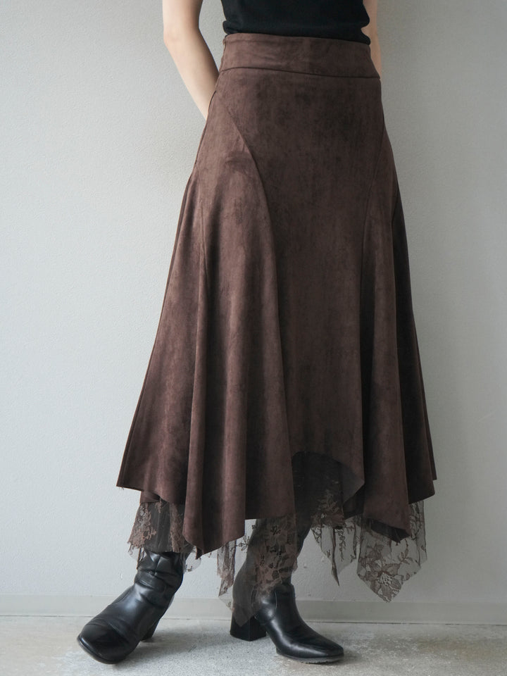 [予約]スエード裾レースアシンメトリースカート/brown