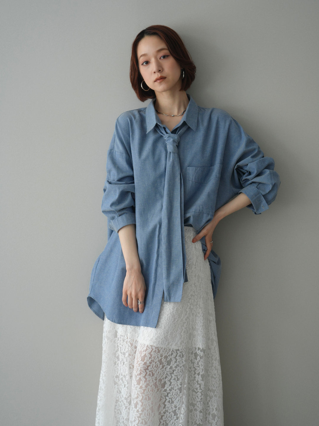 [予約]コットンライクボウタイオーバーシャツ/blue