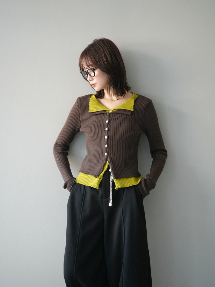 [予約]配色レイヤードリブニットカーディガン/brown