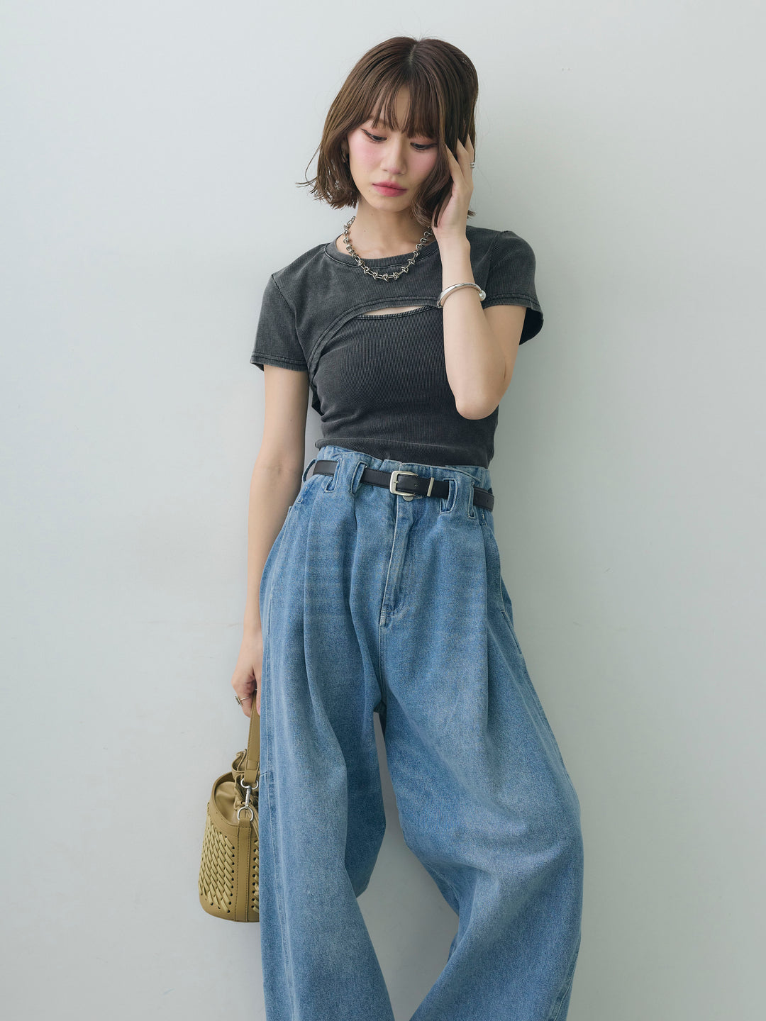 [SET]フロントオープンレイヤードトップスセット+ハイウエストベルトループデザインデニムパンツ(2set)