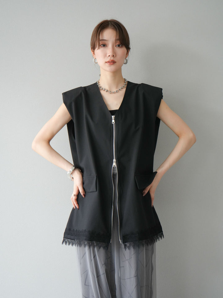 [預購] 雙拉鍊蕾絲下擺背心/黑色