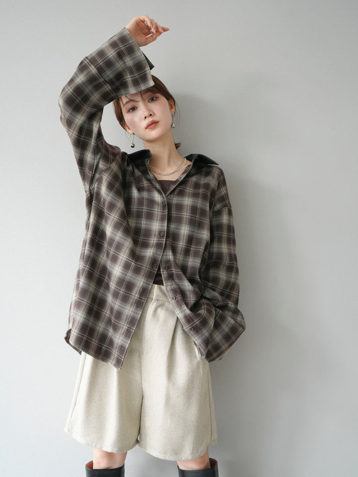 【着回しセット】[SET]レザー襟オンブレチェックオーバーシャツ +クラッシュベロアナロースカート+ツイードハーフパンツ(3set)