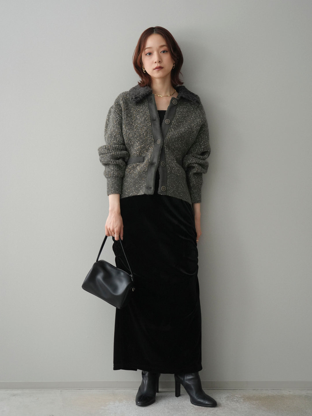 [SET]襟ボアミックスヤーンニットカーディガン+ギャザーベロアスカート(2set)