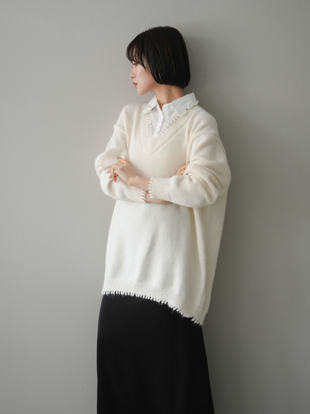 [SET]シャツドッキングVネックフリンジニットプルオーバー+選べるアクセセット(2set)