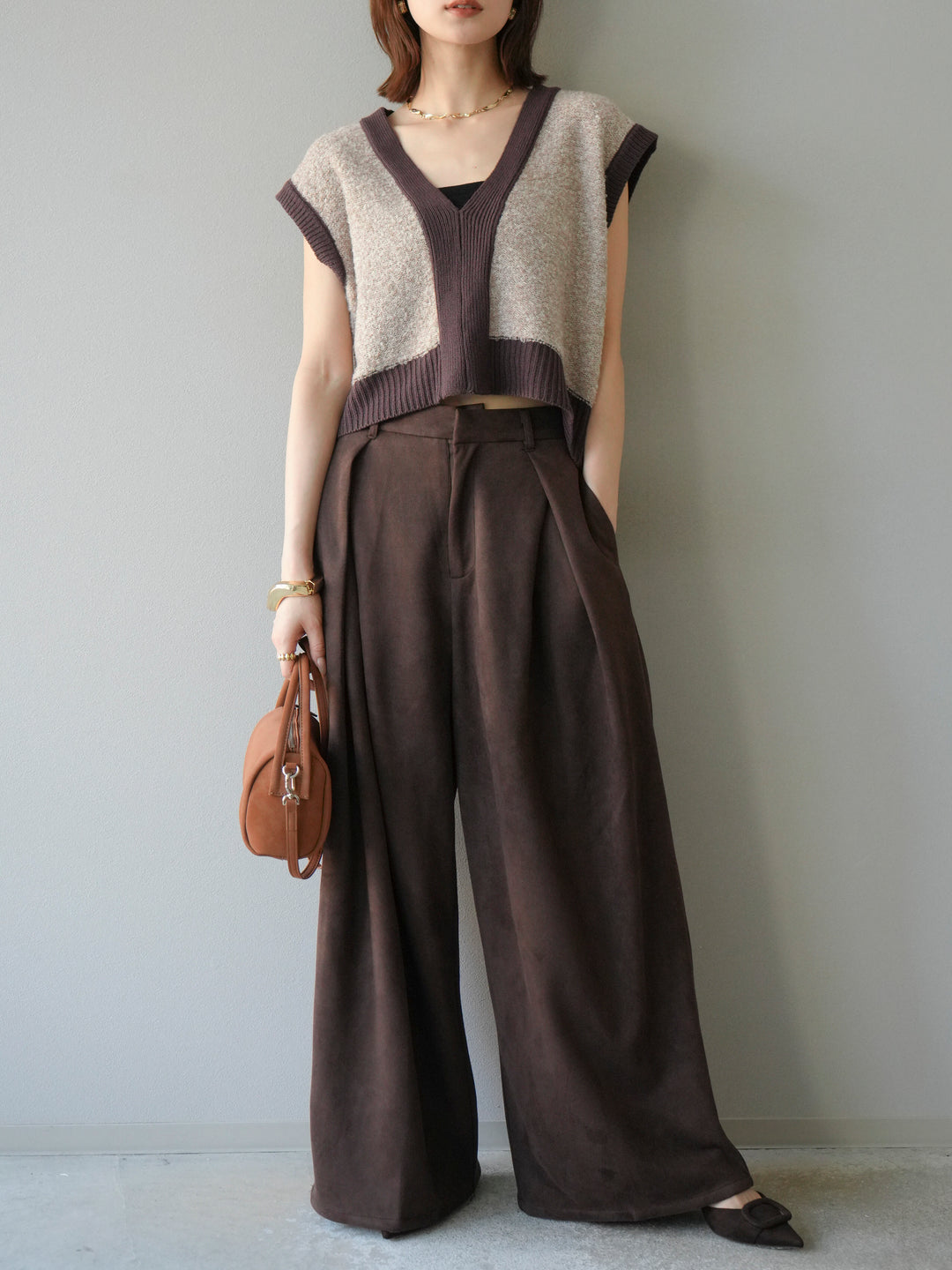 [予約]ブークレバイカラーニットベスト/ベージュ