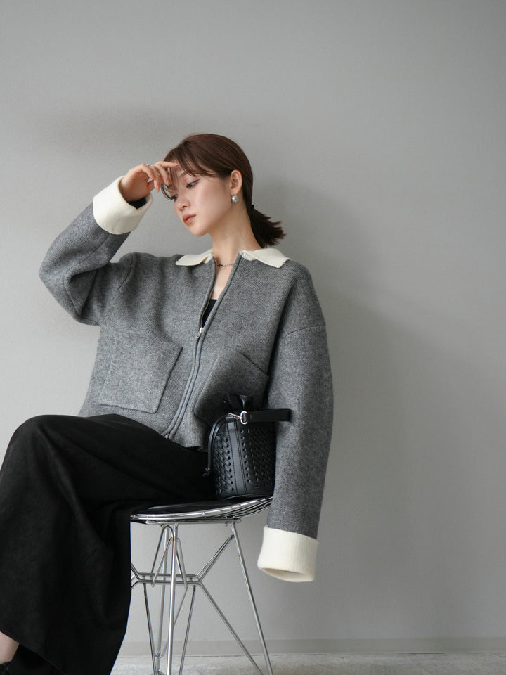 [予約]ポロ襟ジップニットカーディガン/チャコール