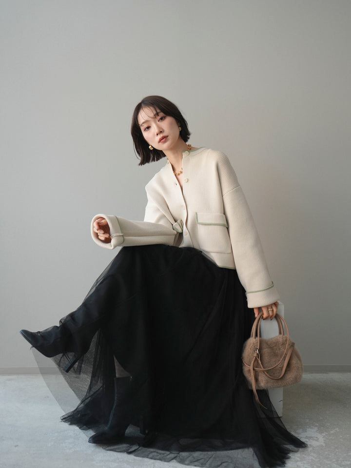 [SET]ポリエステル配色ニットカーディガン+チュールボリュームスカート(2set)