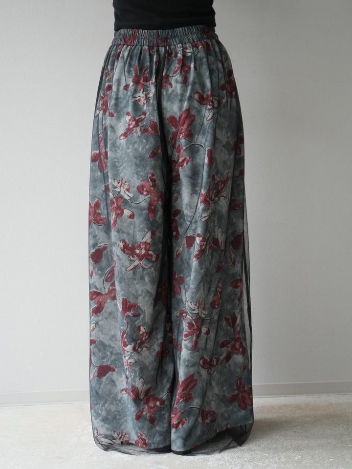 [予約]フラワープリントチュールレイヤードパンツ/グレー