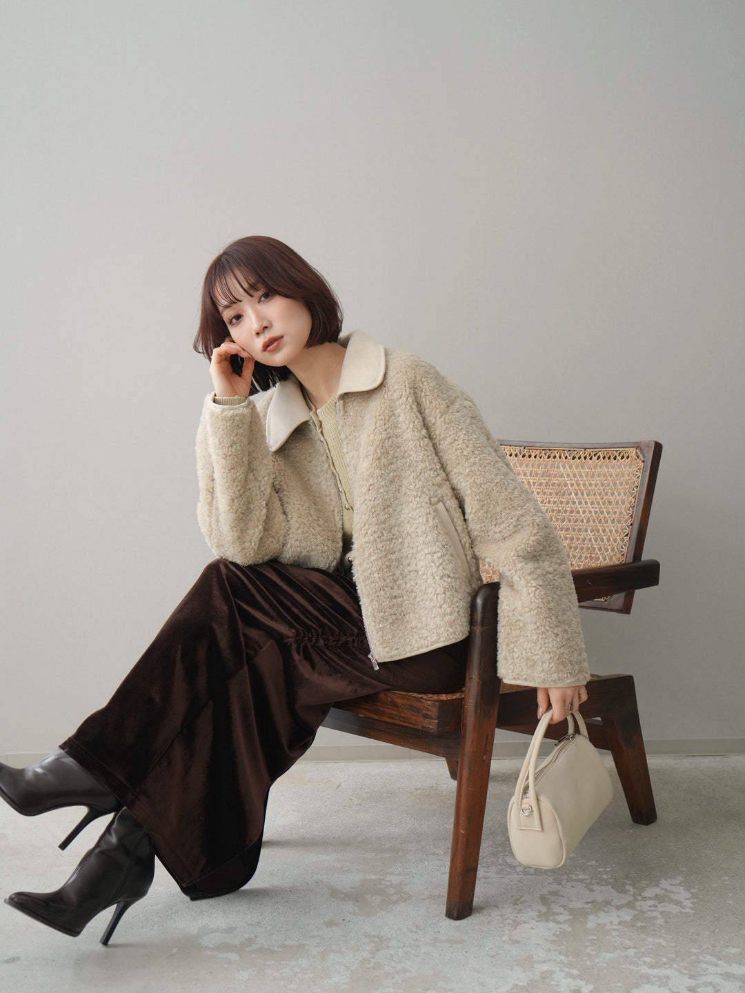 [予約]スエード襟ボアショートジャケット/beige