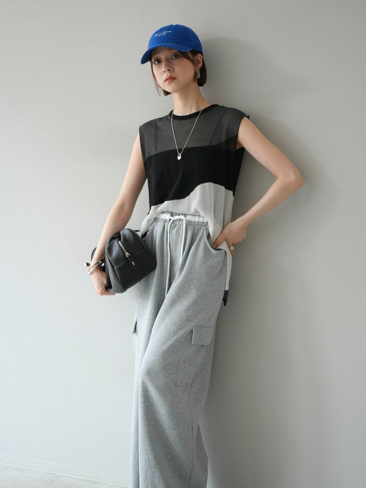 [SET]バイカラーシアーニットノースリーブ+ウエストラインサイドポケットスウェットパンツ(2set)