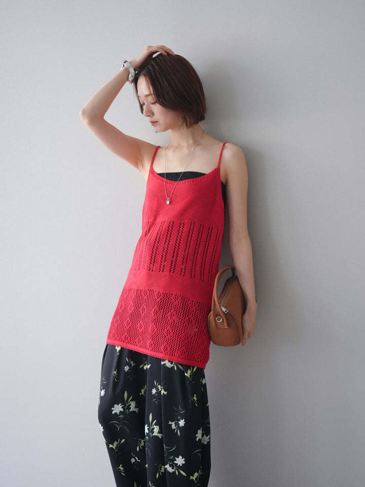 [予約]ランダム透かし編みニットキャミソール/red