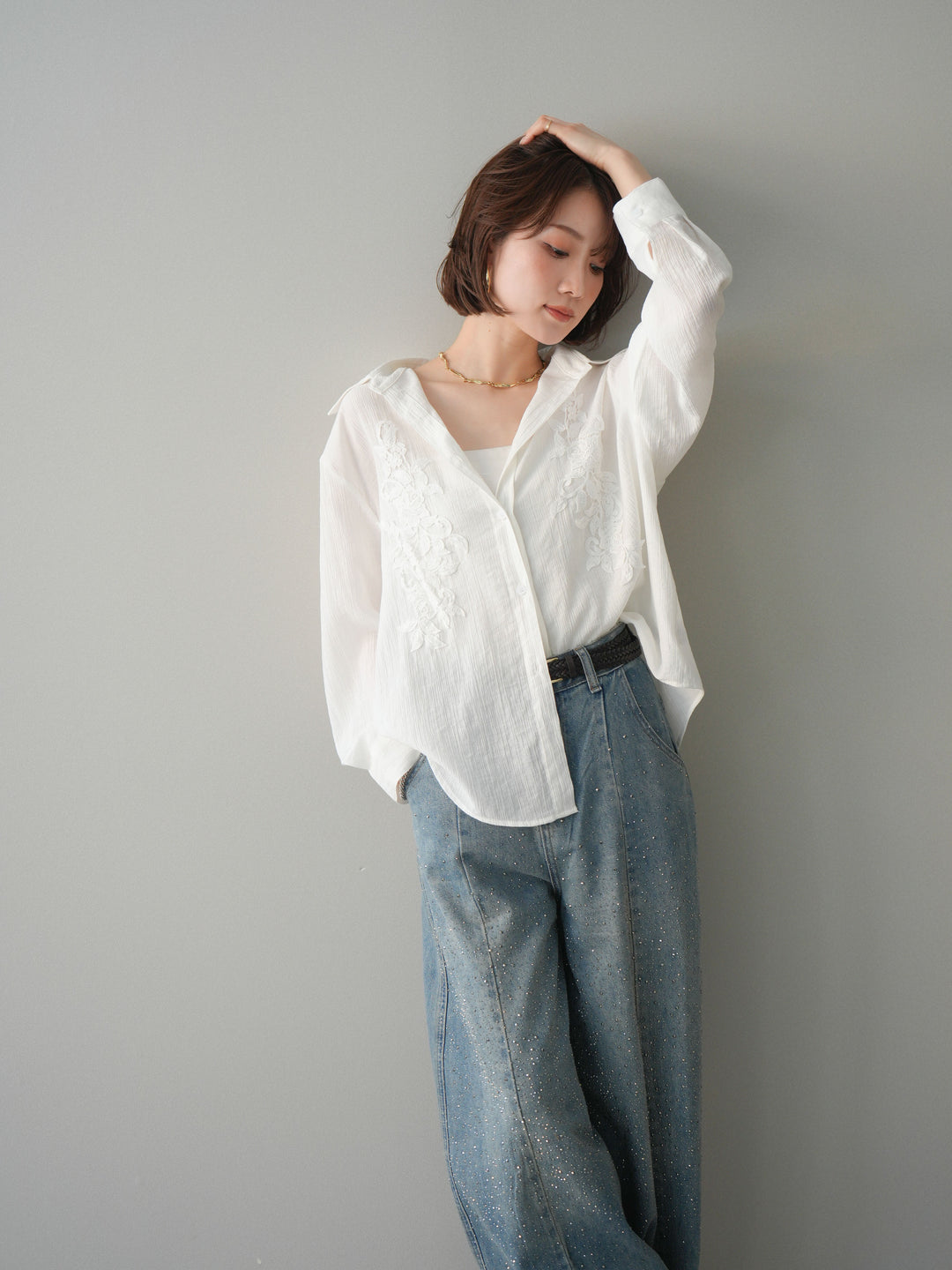 [SET]楊柳刺繍ブラウス+フロントビジューカーブデニムパンツ(2set)