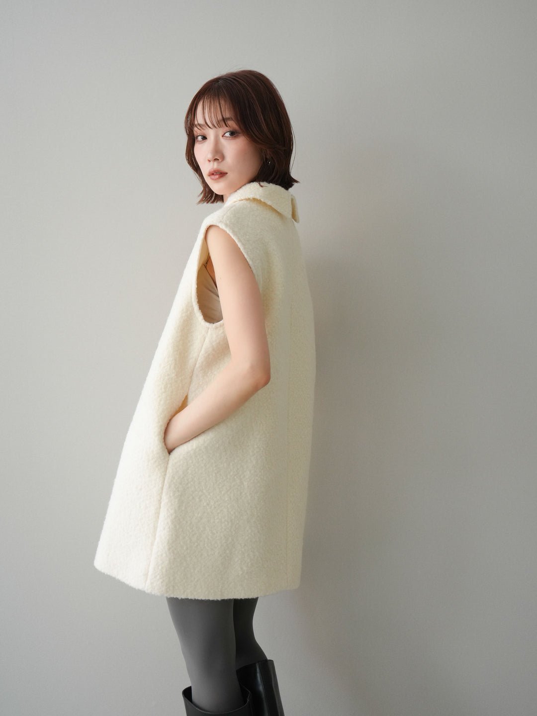 [予約]襟付きブークレミニワンピース/offwhite