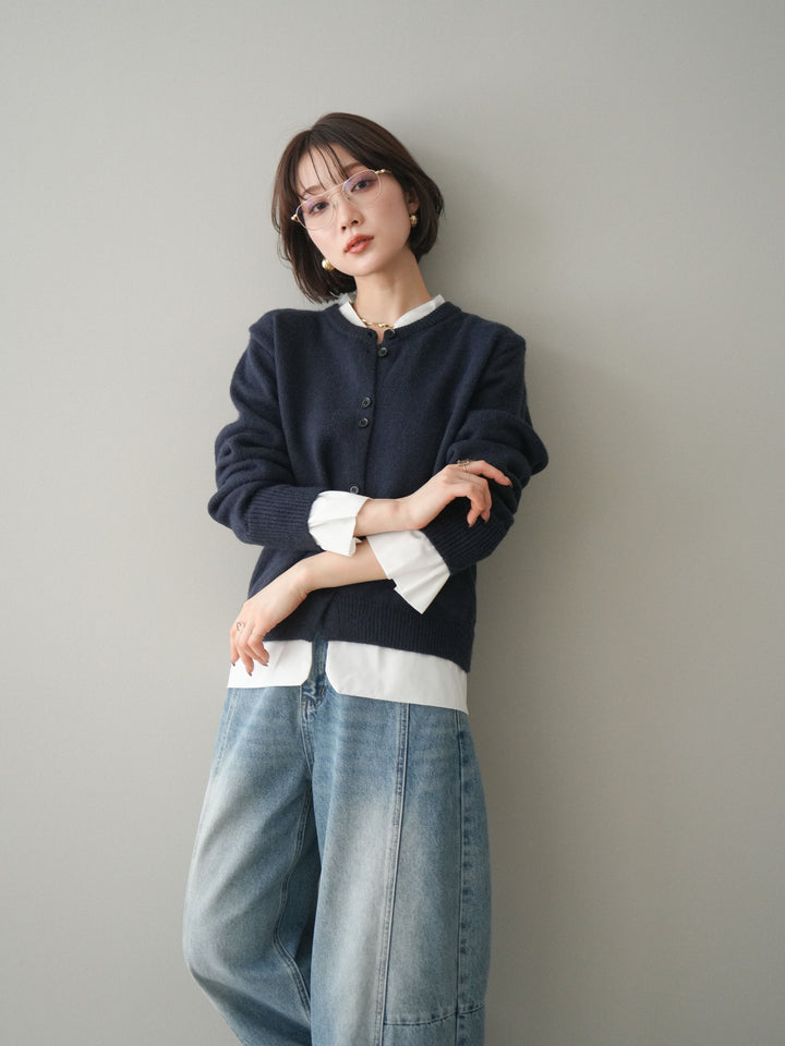 [SET]布帛ドッキングニットカーディガン+ガーメントウォッシュカーブデニムパンツ(2set)