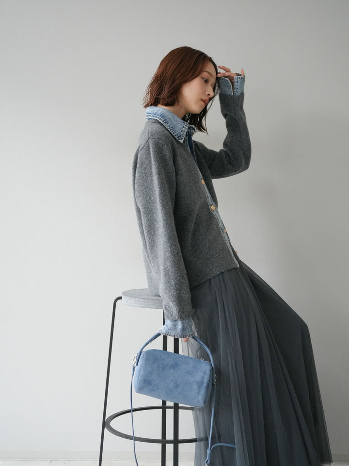 [SET]デニム襟ボタンニットカーディガン+チュールボリュームスカート(2set)