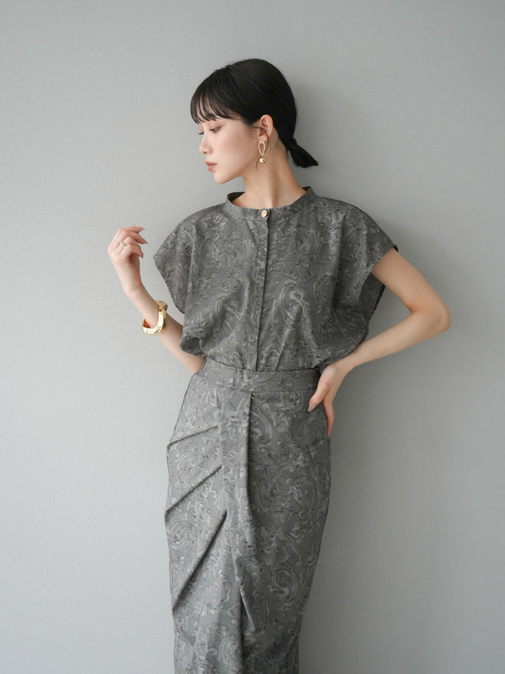 [SET]ペイズリープリントゴールドボタンブラウス+ペイズリープリントタックIラインスカート(2set)