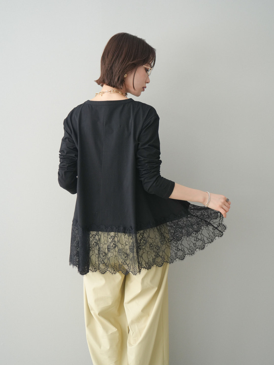 [SET]裾レースロングスリーブTシャツ+選べるアクセセット(2set)