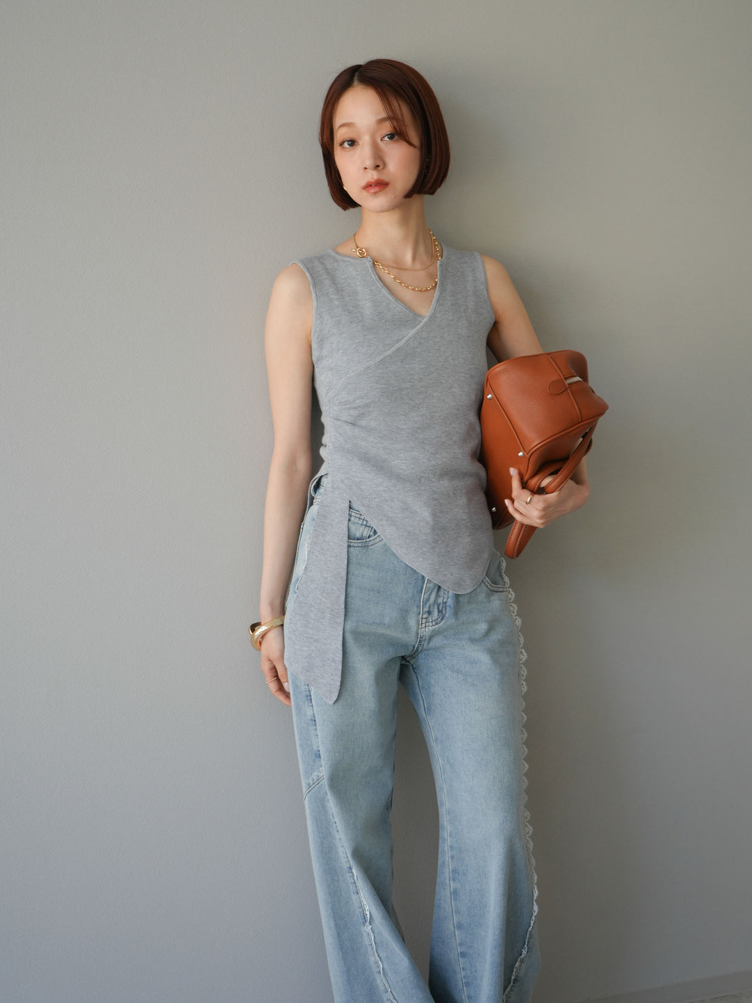 [SET]カシュクールノースリーブニットトップス+ラインレースデニムパンツ(2set)