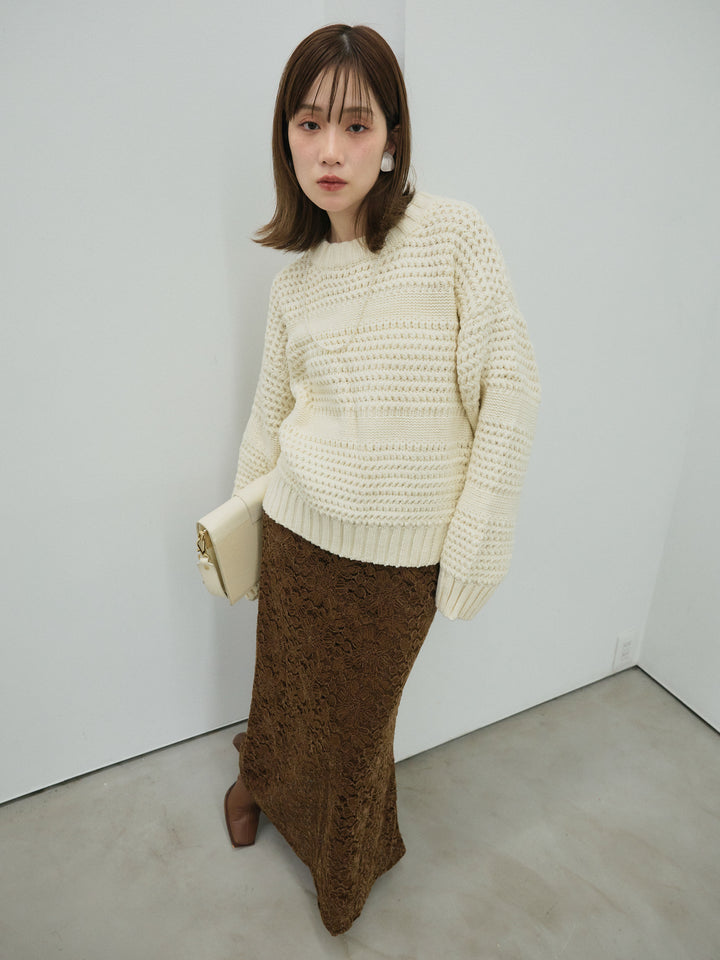 【Allure】[SET]ライン編みニットプルオーバー+起毛レースストレッチナロースカート(2set)