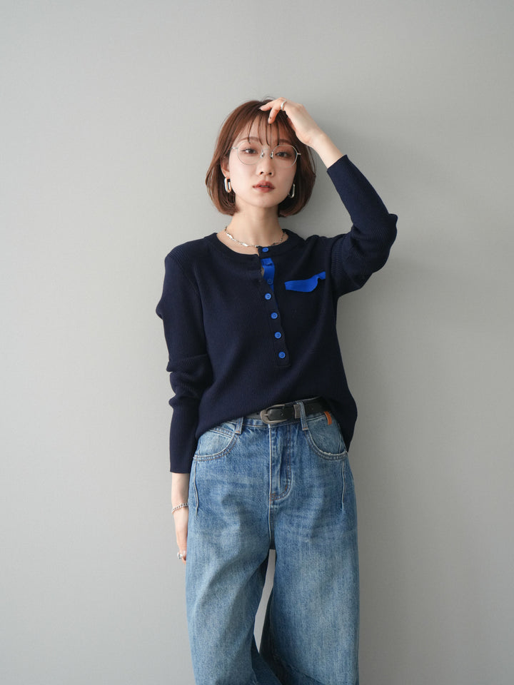 [予約]バイカラーデザインポケット配色ヘンリーネックニットソー/navy