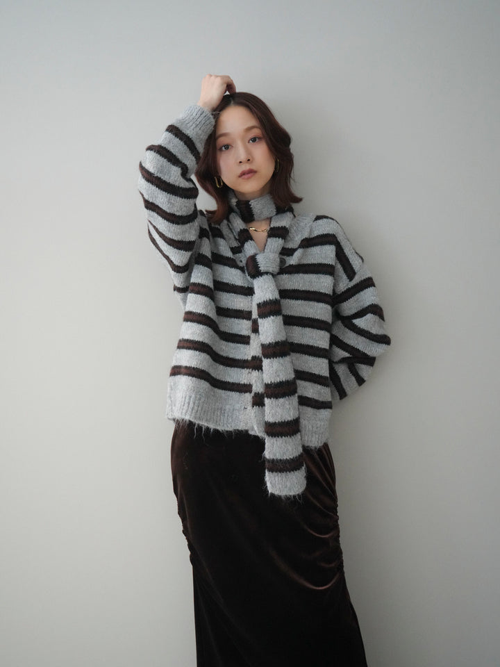 [SET]ボウタイ付きボーダーニットプルオーバー+ギャザーベロアスカート(2set)