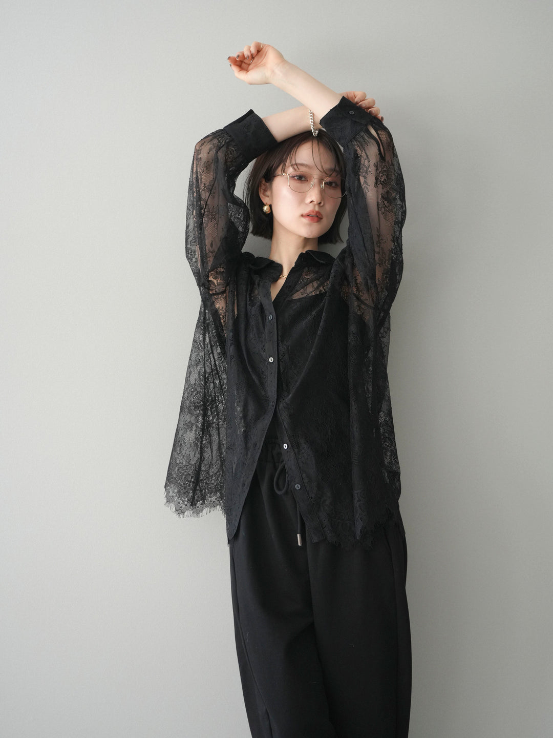[予約]総レースボリュームスリーブシャツ/black