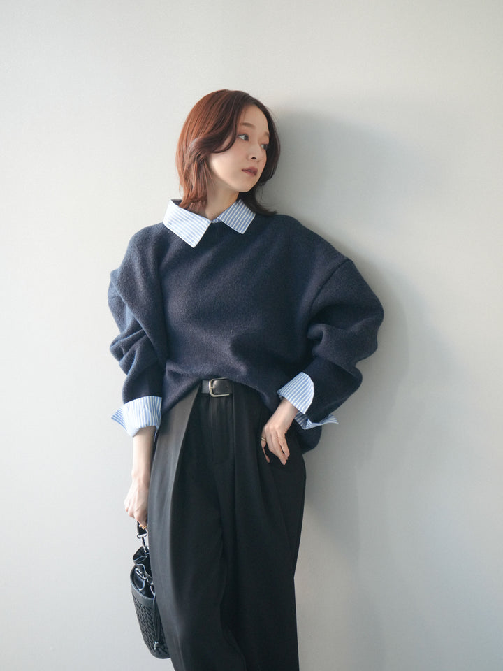[SET]2WAYストライプ襟ニットプルオーバー+ベルトループデザインワイドパンツ(2set)