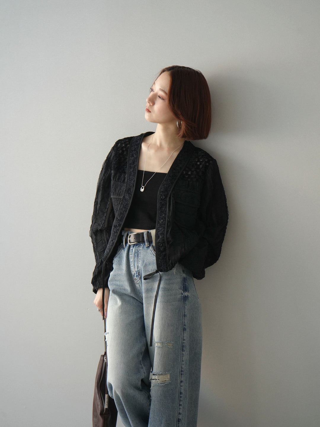 [SET]パッチワークシアーフリルブルゾン+カップ付テレコリブベアキャミソール(2set)