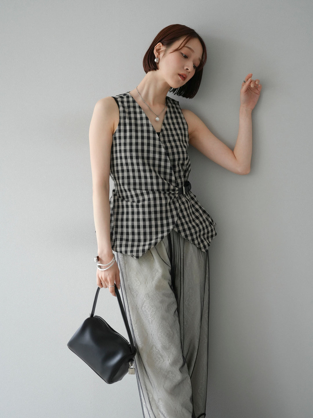 [SET]ベルトデザインバルーンブラウス+レースタックイージーパンツ(2set)