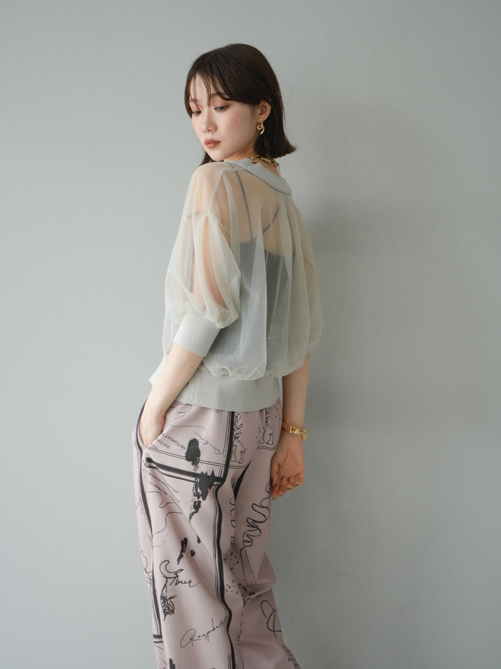 [SET] 透視半袖褶皺開襟衫 + 彩繪圖案褶襉褲 (2set)
