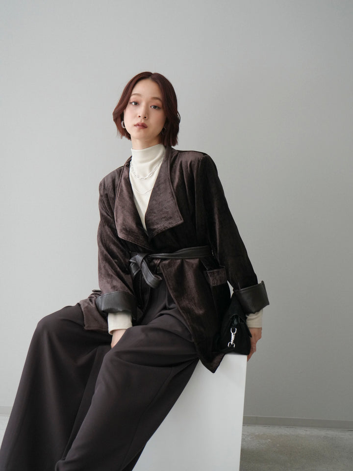 【套裝】絲絨禮服外套+小領墊肩磨毛上衣+腰帶環設計闊腿褲（三件套）