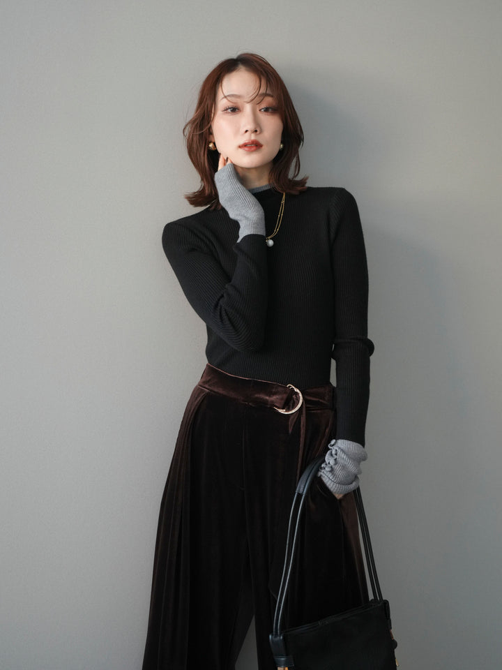 [予約]袖ボタンハイネック配色リブニットトップス/black