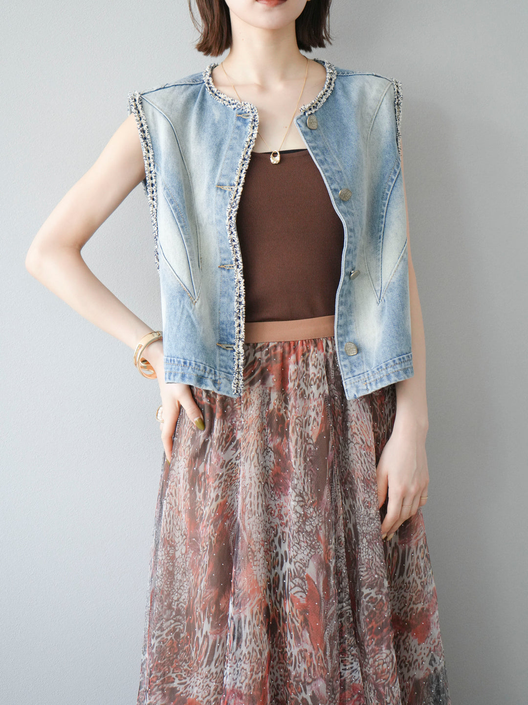 [予約]ツイードデザインデニムベスト/ライトブルー